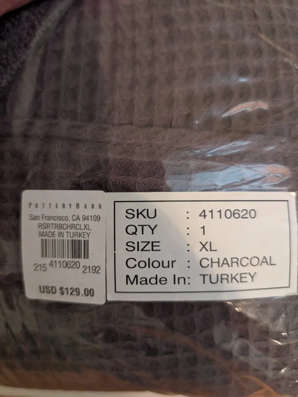 Pottery Barn Waffle Weave Resort Robe - XL Charcoal UNOPENED